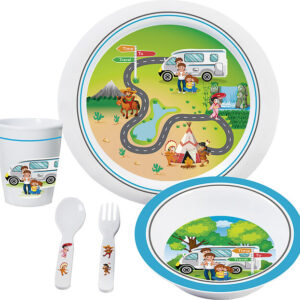 BRUNNER Geschirrset Melamin Time to travel 5-tlg. Fb. weiß / bunt Teller, Schale Becher, Löffel, Gabel