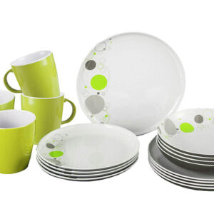 BRUNNER Geschirrset Melamin Space 16-tlg. je 4 Suppen-, Essteller, Müslischale, Henkel becher Fb. weiß / grau / lime