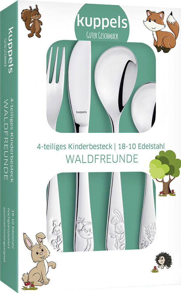 Kinderbesteckset Kuppels 4-tlg Waldfreunde Edelstahl Kindermesser, -gabel, -löffel, -teelöffel, Geschenkverpackung