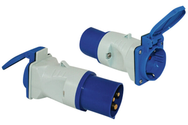 Adapter CEE 17 Stecker / Schukosteckdose mit Klappdeckel Farbe blau / weiß