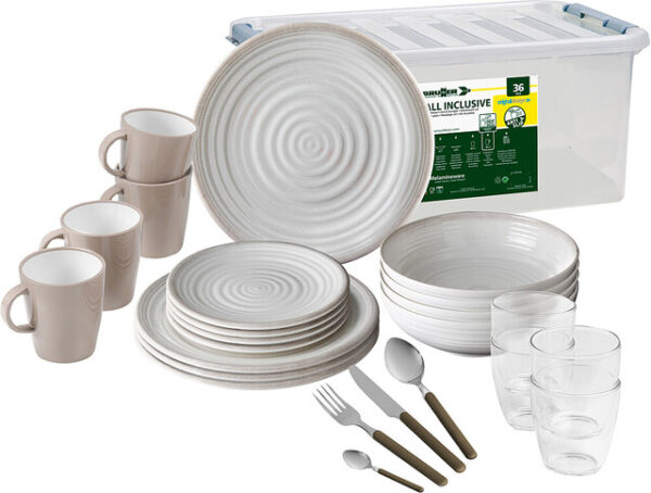 Geschirrset BRUNNER Savana All Inclusive, Besteckset, je 4 Ess-, Suppen-, Dessert- teller, Becher und Gläser