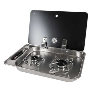 Kocher Can 2-flammig Edelstahl mit Glasdeckel, Piezo, Dichtung, KV, Einbaumaß 530 x 325 mm