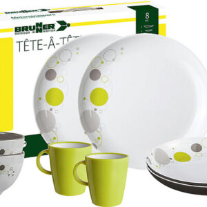 Geschirrset Melamin BRUNNER Space 8-tlg.  je 2 Suppen-, Essteller, Müslischale, Henkel becher Fb. weiß / grau / lime