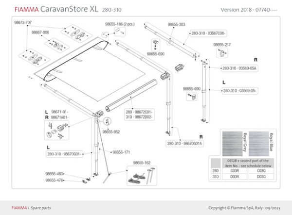 Spannarm und Stützfuß FIAMMA, 280 - 310 cm, rechts zu Caravanstore XL