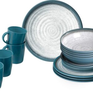 Geschirrset Melamin BRUNNER Tuscany 16-tlg. Fb. creme/blau je 4 x Ess-, Suppen-, Dessert- teller, Henkelbecher