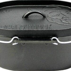 Feuertopf Dutch Oven VALHAL OUTDOOR Gusseisen oval, flacher Boden, Grillmuster Deckel, 9 l