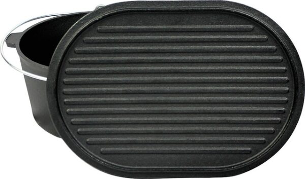 Feuertopf Dutch Oven VALHAL OUTDOOR Gusseisen oval, flacher Boden, Grillmuster Deckel, 9 l – Bild 2