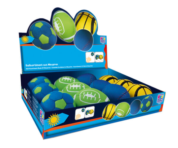 Ballsortiment HAPPY PEOPLE aus Neopren, ca. 6-8 cm Fuß-, Basket-, Football-, Baseball