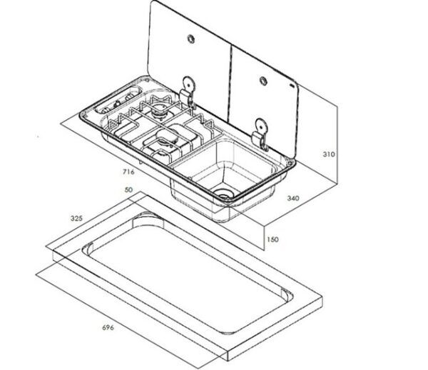 Koch- / Spülkombination CAN INOX 2-flammig, Spüle rechts, Glas 2-tlg. – Bild 2