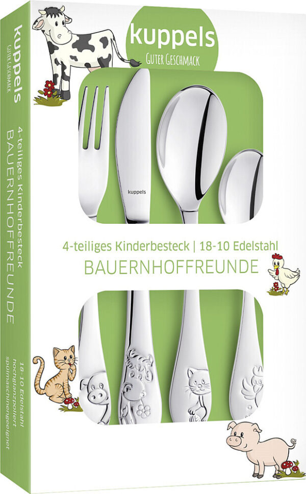 Kinderbesteckset Kuppels 4-tlg Bauernhoffreunde Edelstahl Kindermesser, -gabel, -löffel, -teelöffel, Geschenkverpackung – Bild 2