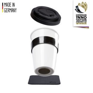 TO-GO-CUP silwy Porzellan 1 Cup+1 Pad+1 Deckel Fb. weiß inkl. Untersetzer BLACK