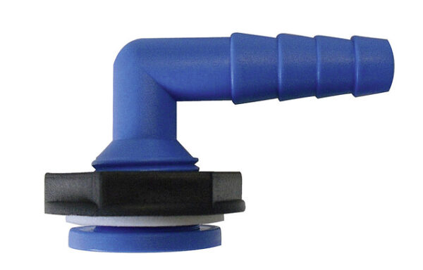 Winkel - Tankanaschlussteil 1 / 2 Zoll x 10 / 12 mm mit Dichtung und Mutter Farbe blau